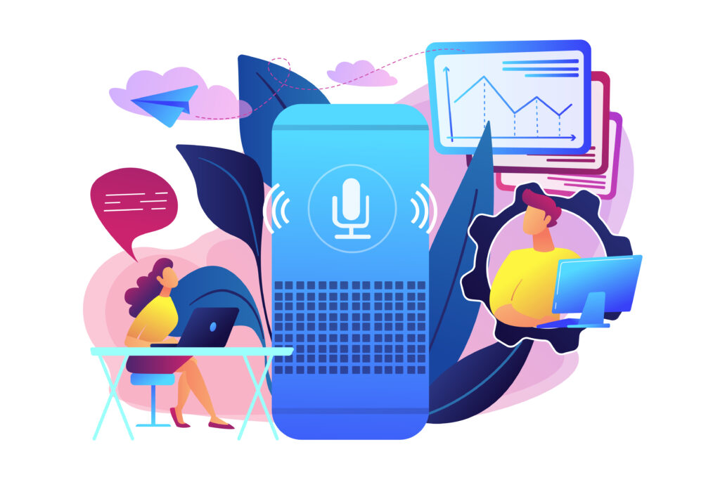 People using voice assistants and AI technology on mobile devices
