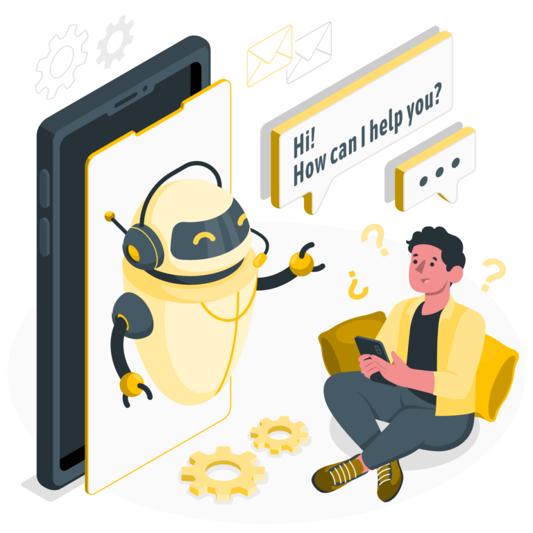 Illustration of AI-powered digital marketing tools with chatbot and analytics dashboard